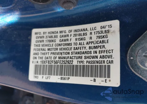 2015 Honda Civic Lx из США, поврежденный, VIN 19XFB2F56FE252922